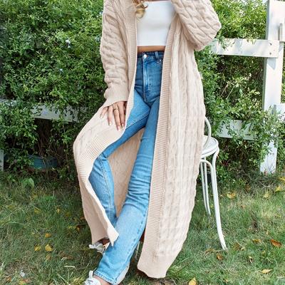 TEMU Women's Casual Cream-colored Long Hooded Cardigan - Open Front, Ribbed Detail, High Stretch Acrylic Knit, V-neck, Machine Washable - Cozy For Fall/winter, Winter Outerwear| Design|stylish Image