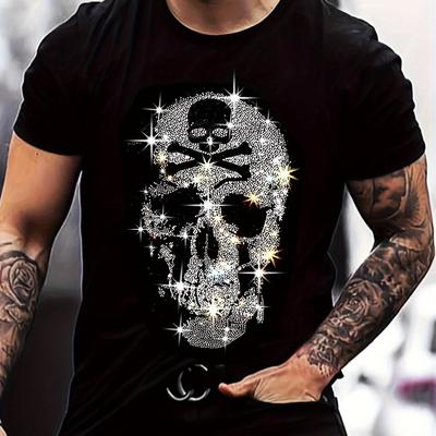 TEMU 1pc Men's Rhinestone Skull Print T-shirt, 100% Cotton Crew Neck Casual Tee With Stretch, Summer Knit Fabric Applique Detail - Regular Fit Image