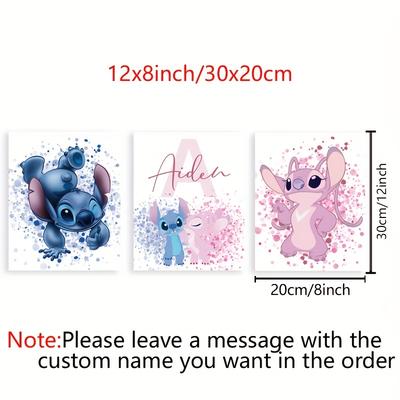 TEMU 3pcs Unframed Personalized And Stitch Canvas Poster, Custom Name Stitch Wall Art Print, Cute Stitch Watercolor Painting Wall Picture, Gift For Girl's Birthday, Girls Room Wall Decor Image