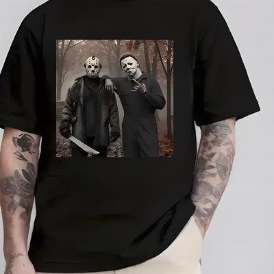 TEMU Men's Heavyweight 100% Cotton T-shirt - Dark Print With & , Regular Fit Round Neck Short Sleeve, Light Beige Casual Tee For & Versatile Style, Pop Apparel, Horror Film Shirt, Image