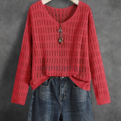 TEMU Women's Casual Long-sleeve Knit Top With Scoop Neck - Red, Vintage-inspired Cutout Design, Spring/summer/fall, Casual Attire|vintageinspired Top|knit Construction Image