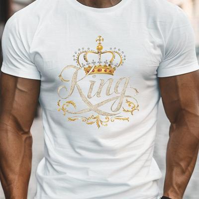 TEMU Men's 100% Cotton Crew Neck T-shirt With & 'king' Graphic Print - Lightweight 180gsm Casual Short Sleeve Tee For Summer, Machine Washable Regular Fit Image