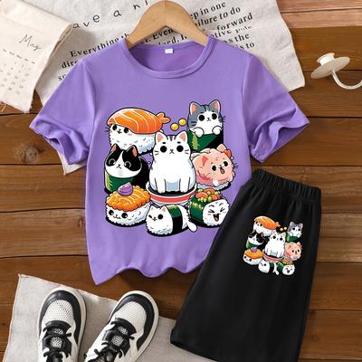 "TEMU Girls' Summer Short Sleeve "a Group Of Sushi Cats" Printed T-shirt And Shorts Set" Image