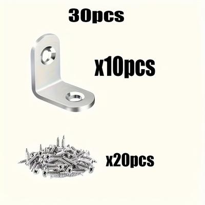 TEMU 30pcs Stainless Steel L-shaped Corner Brackets, 0.79x0.79 Inch, 90 Degree Right Angle With Screws, Ideal For Wooden Shelves, Chairs, Tables, Dressing Tables, Furniture Assembly Image