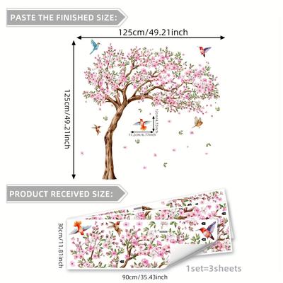 TEMU Three-piece Large Tree Peach Wall Decal For Bedroom Living Room Background Home Decor Self-adhesive Stickers M13584-kn Image