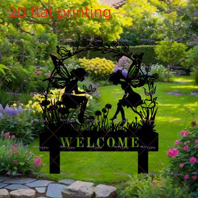 TEMU 2d Flat, 2d Flat Printing Art Decor Welcome Sign Garden Stake, 2 Fairies Welcome Banner For Lawn Art, Outdoor Patio Decoration, No Battery Required, Christmas Animal Theme Ornamentation, 2d Flat Image