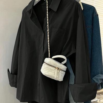 TEMU Women's Elegant Long Sleeve V-neck Blouse With Single Chest Pocket - Solid Color, Relaxed Fit, Button-up Shirt For Spring/fall, Casual Or Dressy Outfits, Ladies Blouses Image
