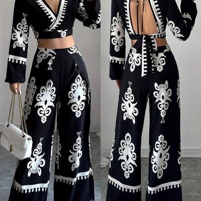 TEMU New Stylish Ethnic Patterned Long-sleeve Top Set With A V-neck, Backless Design, And Elegant Tie Details For Women. Image