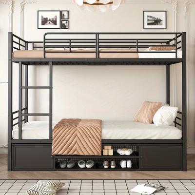 TEMU Bed, Bunk Bed, Cabinet, Small Double-door Storage Cabinet, Suitable For And Teenagers, With Side Ladder, With Fall , Iron + Mdf, Black, 90x200cm Image