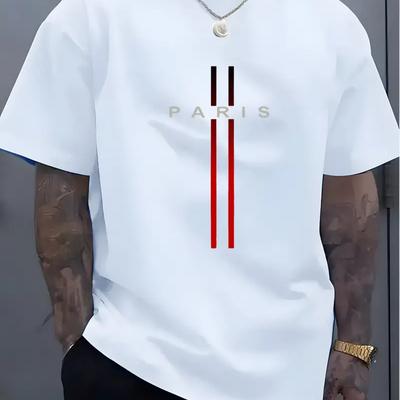 TEMU Men's Casual T-shirt - Stylish Crew Neck, Short Sleeve, Polyester Tee With & Striped Design For Summer Image