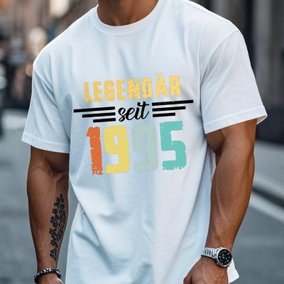 TEMU Legend 1995 Men's 30th Birthday Commemorative Short Sleeve T-shirt - Geometric Print Lightweight 150gsm Polyester, Round Neck Casual Summer Top, Machine Washable Image