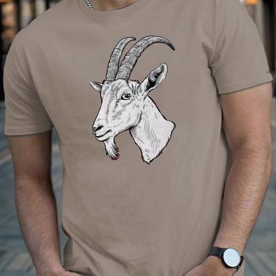 TEMU Men's Casual Short Sleeve T-shirt With Monochrome Goat Illustration - Lightweight Polyester, Machine Washable, Ideal For Summer, Casual T Shirts Image