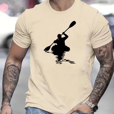 TEMU Men's Retro Sunset Kayaking Graphic Tee - Black Casual Crew Neck Short Sleeve T-shirt, Lightweight Summer Top With White Silhouette Design, And Casual Attire, Kayak Accessories Image