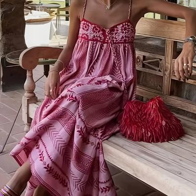TEMU Boho Chic Pink Geometric Print Maxi Dress - Sleeveless V-neck With Spaghetti Straps, Flowy Hem, Summer Vacations, Women's Bohemian Styl Image