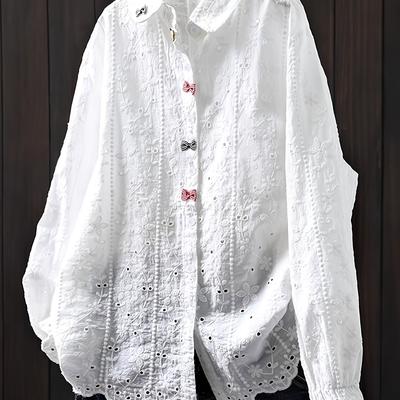 TEMU Women' Bow Detail Blouse - Loose Fit Long Sleeve Semi-sheer Top With Lace Overlay, Button Front, Machine Washable For Casual & Office Wear, Fashionable Commuting Attire | Semitransparent Fabric Image