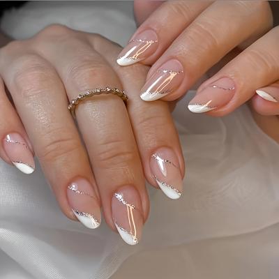 TEMU 24pcs Almond Shaped Press-on Nails - Short Length Glossy & , Neutral Tones With Jelly Glue & Nail File For Everyday , Almond Nail Tips Image