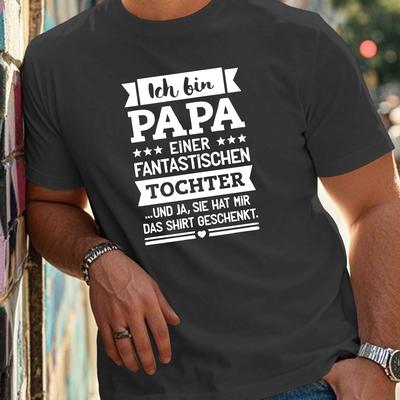 "TEMU Men's Plus Size German Quote T-shirt - "papa" Humorous Design, Casual Short Sleeve, Polyester , Black With White Text & Star Decorations, , Machine Washable, Plus Size" Image