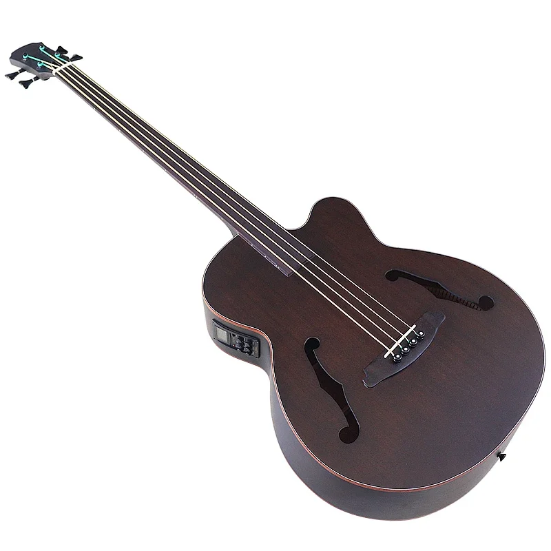 43-Zoll-Jumbo-Bass-Akustik-Bassgitarre F-Loch Full Flame OAK Fretless 4-saitige Bassgitarre mit EQ elektrisch akustischem Gutiar Image