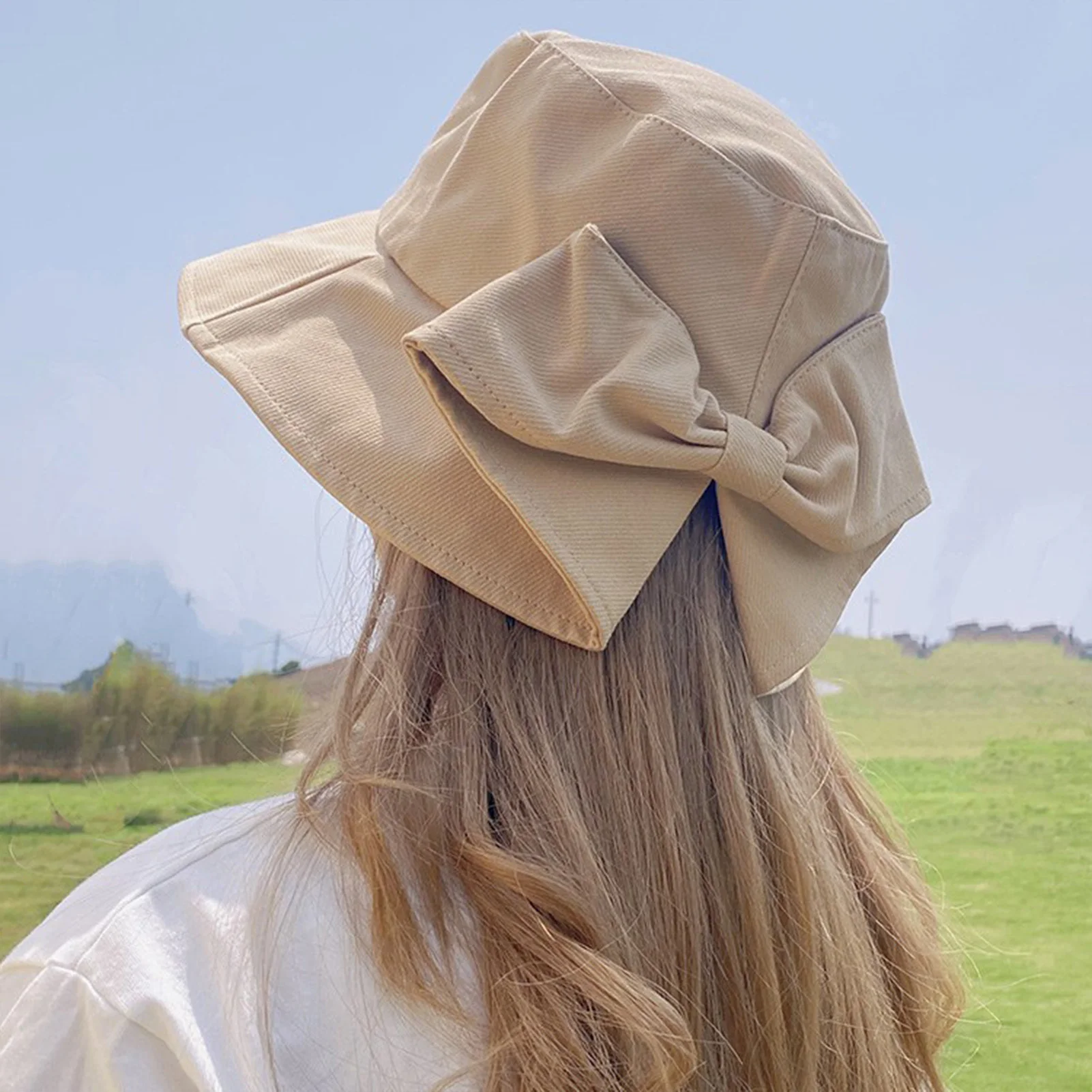 Sommer Sonnenhut Für Frauen Elegante Große Bowknot Design Große Krempe Fischer Hut Sweety Romantische Sonnenschutz Hut Mädchen Eimer hut Image