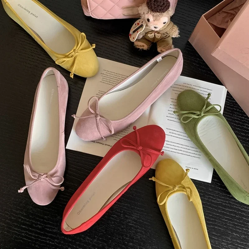 Damen-Ballerinas, große Größe, bunte Schleife, runder Kopf, Ballerinas, Schaffell, französischer sanfter Stil, solide Slip-On, bequeme flache Schuhe