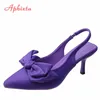 Aphixta 7cm Dünne Fersen Frauen Sandalen Spitz Lila Seide Schmetterling-knoten Damen Moderne Rutschen Schuhe Plus Größe 42