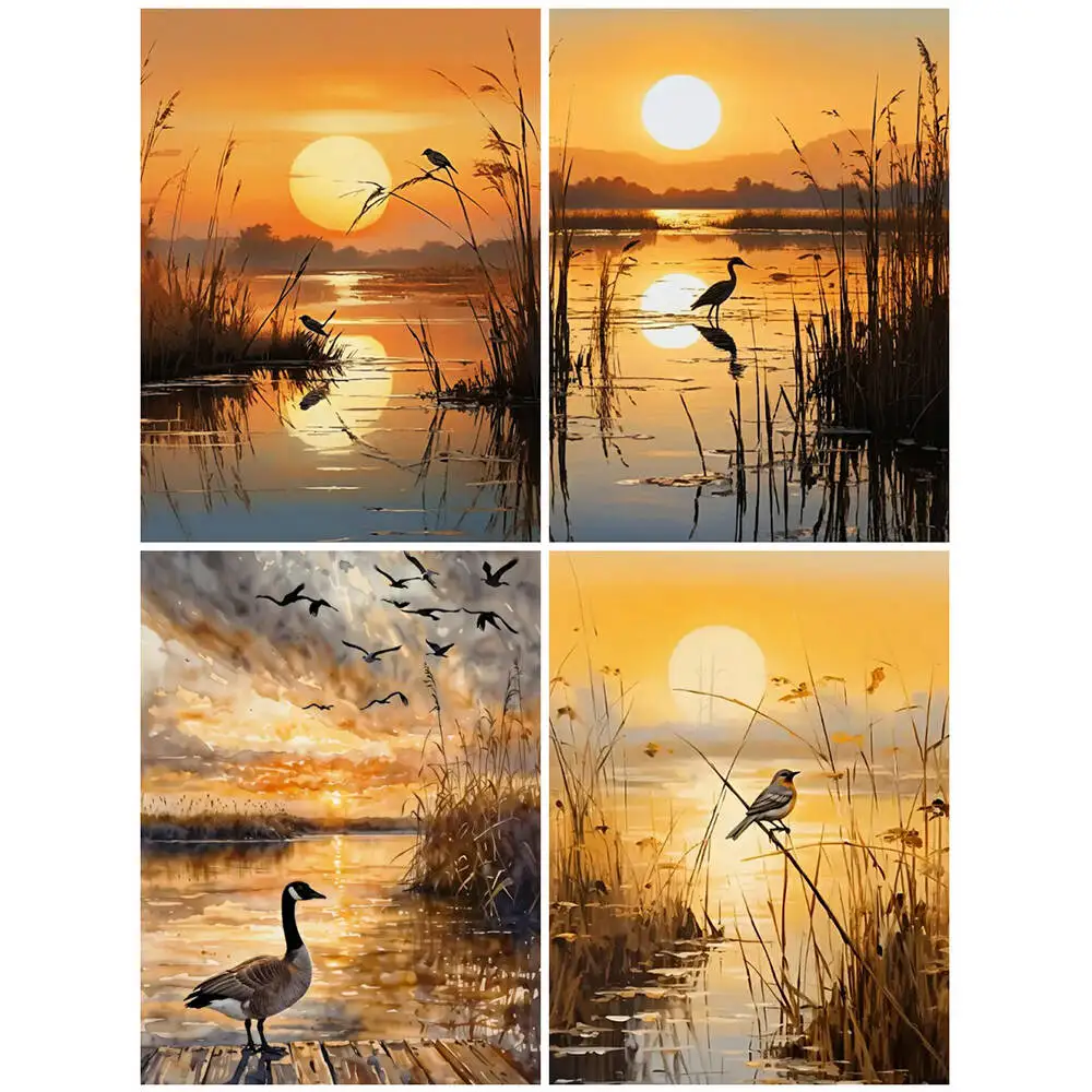 DIY Malen nach Zahlen Sonnenuntergang Landschaft Digitales Ölgemälde Ente Vogel Malen nach Zahlen Reed Leinwand Kits Anfänger handgemaltes Geschenk Image