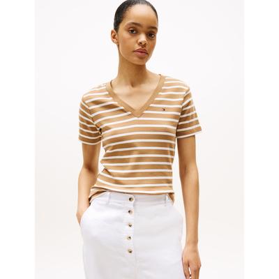 T-Shirt TOMMY HILFIGER "CODY, Slim Fit", Damen, Gr. L (40), hickory, ecru stp, Jersey, Obermaterial: 100% Baumwolle, gestreift, casual, schmal hüftlang, tiefer V-Ausschnitt, Kurzarm abgesteppt, Shirts, mit V-Ausschnitt Image