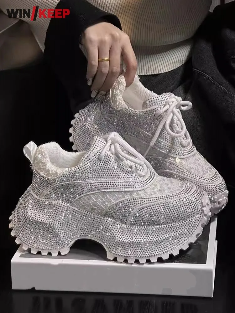 Damen Sommer Atmungsaktive Glänzende Diamanten Innen Dicken Sohlen Laufschuhe Schnüren Outdoor Training Turnschuhe Jogging Sport Schuhe Image