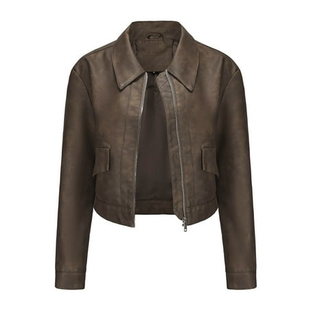 Ashirexll Leather Jacket Women Fall Oversized Solid Color Short Thin Leather Jacket Long Sleeve Lightweight Zip Up Motorcycle Jacket Biker Coat Coffee 3XL