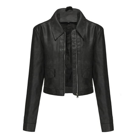 Ashirexll Leather Jacket Women Fall Oversized Solid Color Short Thin Leather Jacket Long Sleeve Lightweight Zip Up Motorcycle Jacket Biker Coat Black L