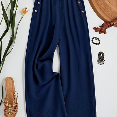 TEMU Women's Plus Size Wide Leg Pants With Decorative Buttons, Elastic Waistband, Pockets, Solid Color, Casual Straight Design, | Plus Size Clothing Image