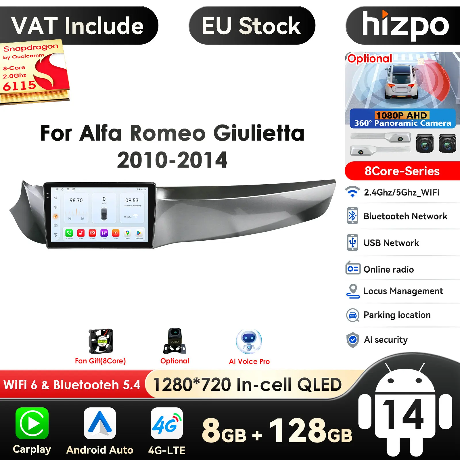 9 Zoll Carplay 4G 2 Din Android 14 Autoradio für Alfa Romeo Giulietta 2010–2014 Furgonato Multimedia Video Player GPS DSP WIFI Image