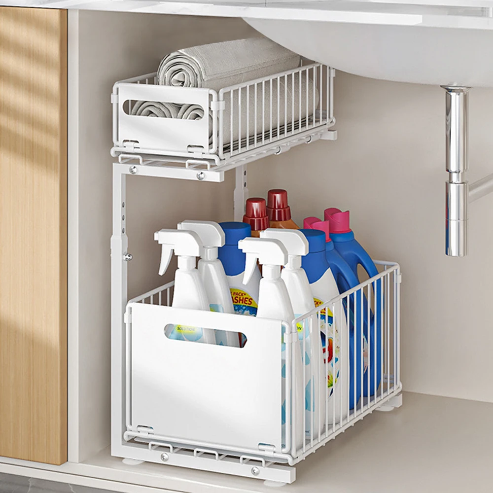 2-stufiger Organizer unter der Spüle, verstellbarer ausziehbarer Schrank-Organizer, ausziehbare Küchen-Aufbewahrungsregale, verdickte Metall-Schiebeschublade