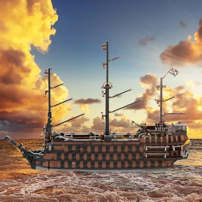 MOC Braunes Piratenschiff Bausteine Mittelalterliches Piratenschiff Rache Kriegsschiff Segelboot Image
