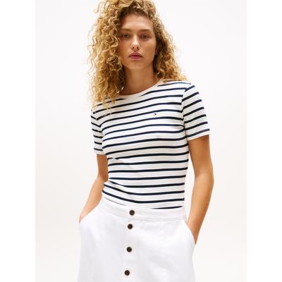 T-Shirt TOMMY HILFIGER "SLIM CODY C-NK SS", Damen, Gr. XXXL (46), breton, ecu, schwarz night navy, Jersey, Obermaterial: 100% Baumwolle, gestreift, casual, slim fit hüftlang, Rundhals, Kurzarm abgesteppt, Shirts, mit Logostickerei Image