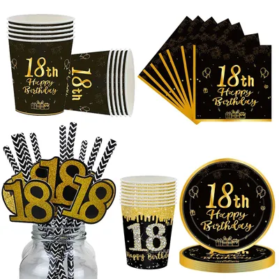 18th Birthday Theme Party Tableware Black Gold Party Cup Paper Plate Napkin Straws Boys Girls 18th Birthday Party Decor Supplies