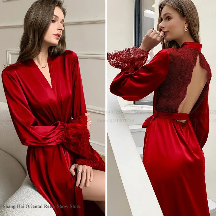 Burgund Braut Hochzeit Robe Kleid Morgen Kimono Kleid Bademantel Sexy Backless Lange Nachthemd Seide Satin Weibliche Nachtwäsche Homewear Image