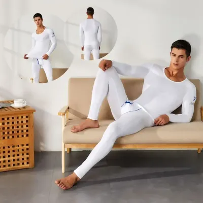 Herren-Thermounterwäsche-Set aus gestrickter Baumwolle, schmal geschnittene lange Unterhosen, Image
