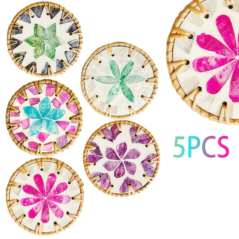 5 Stück gewebte Muscheluntersetzer, Isolieruntersetzer für Couchtische im südostasiatischen Stil und Verbrühungsschalenmatten Image