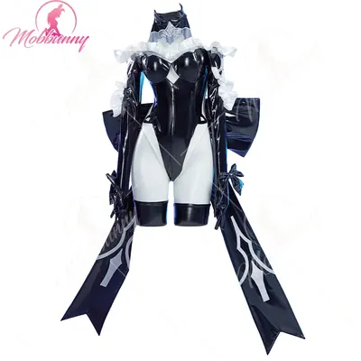 MOBBUNNY Frauen 2B Sexy Dessous Kostüm Gothic Schwarz Hexe Body mit Hut Spiel Charakter Derivat Image
