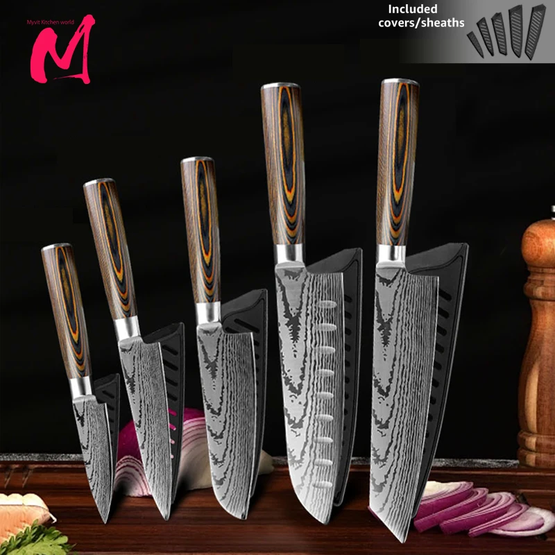 Küchenmesser Kochmesser 7CR17 440C High Carbon Edelstahl Hackmesser Fleisch Obstmesser Nachahmung Damaskus Schleifen Lasermesser Image