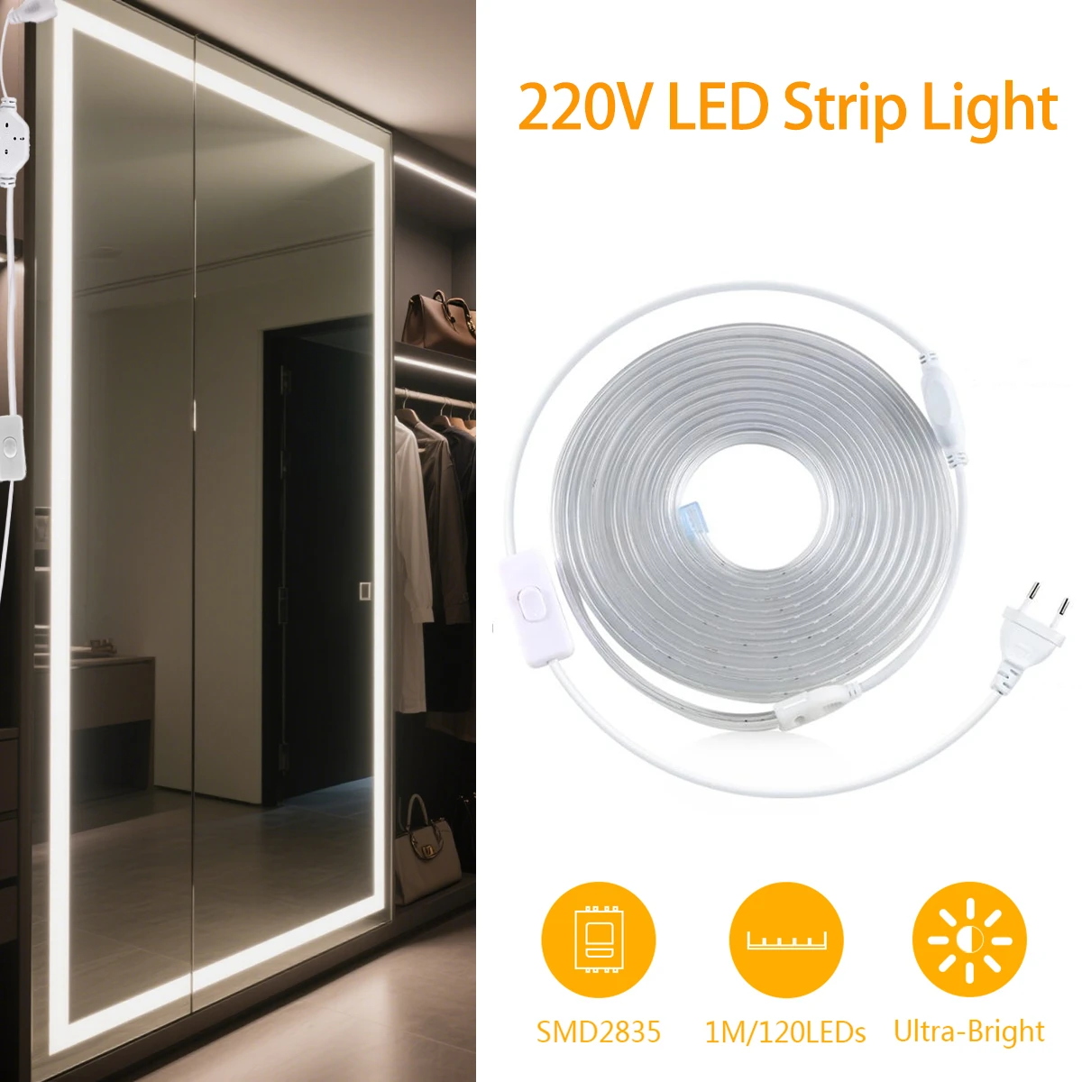 LED-Schminkspiegel-Hintergrundbeleuchtungslampe mit 220 V-Schalter, EU-Stecker, 120 LEDs/m, 1–20 m, hohe Helligkeit, Lichtleiste für Wohnzimmer, Kleiderschrank