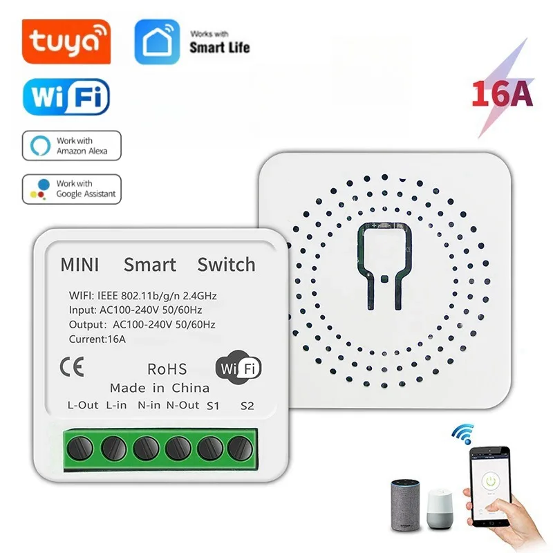 16A Mini Tuya Wifi Smart Switch 2 Weg Steuerung DIY Licht Schalter Alexa Yandex Alice Smart Google Home APP Sprachsteuerung Image