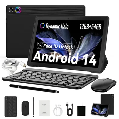 A10L 10Inch Tablet Android 14 12GB RAM 64GB ROM 1TB Expand WiFi6 Face Unlock HD IPS Screen Keyboard