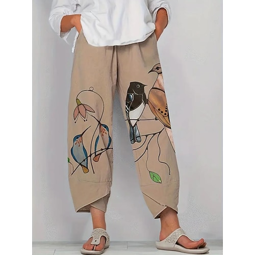 Damen Weites Bein Chinos Baggy-Hosen Strandshorts Urlaub Basic Lässig Knöchellang Hohe Taille Blumen Grafik Vogel Drucken Thermowarm Weich Atmungsaktiv Mikroelastisch Lässig Täglich Urlaub Schwarz Image