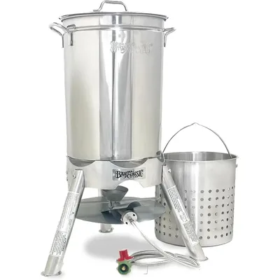 Bayou Classic Stainless Steel Boiler Cooker Kit Features 44-qt Stainless Boiler with Lid, Steam/Boil