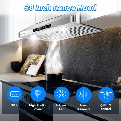 Under Cabinet Range Hood 30 Inch, 750CFM Stainless Steel Kitchen Stove Vent Hood 3 Speed Exhaust Fan