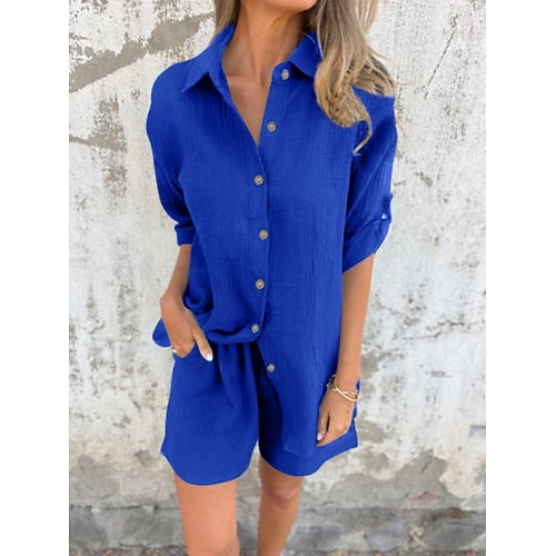 Damen Baumwoll-Leinen-Sets Kunstbaumwollleinen Kurzarm Hemdkragen Einfarbig Patchwork Aktiv Basic Alltagstauglich Blau Schwarz Fuchsie Sommer Normale Passform Image