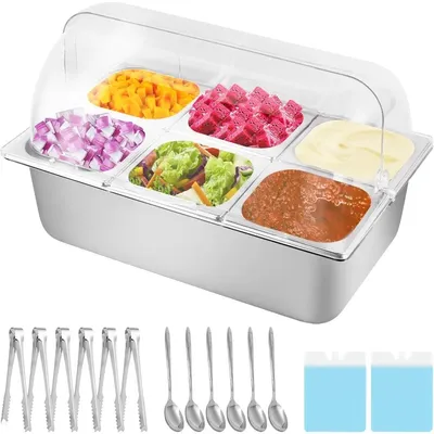 Countertop Ice Food Serving Display Container 6 Pans 2 Ice Packs Cooled Condiment Dispenser Salad