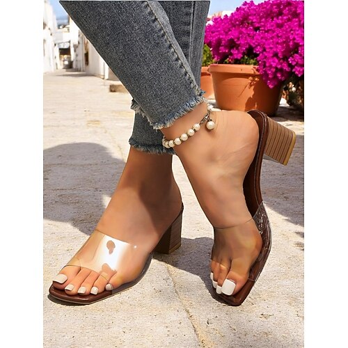 Damen-Sandalen mit transparentem Blockabsatz – transparente Pantoletten mit offener Spitze für den Strandurlaub im Sommer, die Lounge am Pool und die tägliche Freizeitkleidung Image